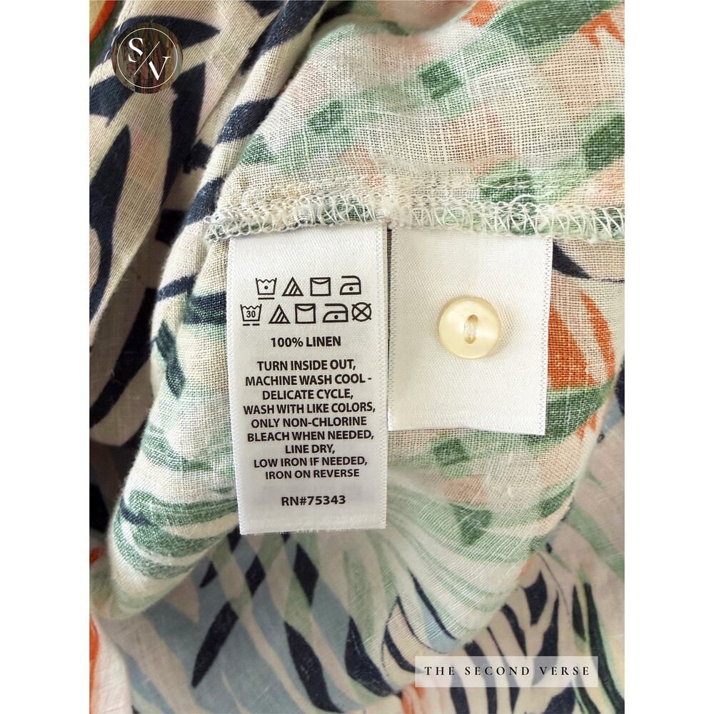 Tahari 100% Linen Tropical Print Button Down Short Sleeve Shirt Size Medium - Picture 10 of 10